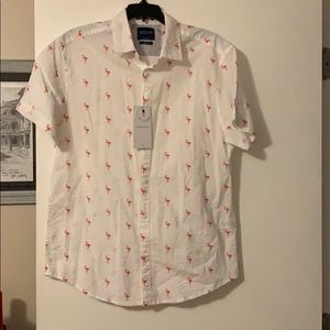 Men’s Seer Sucker slim fit white shirt w/flamingos